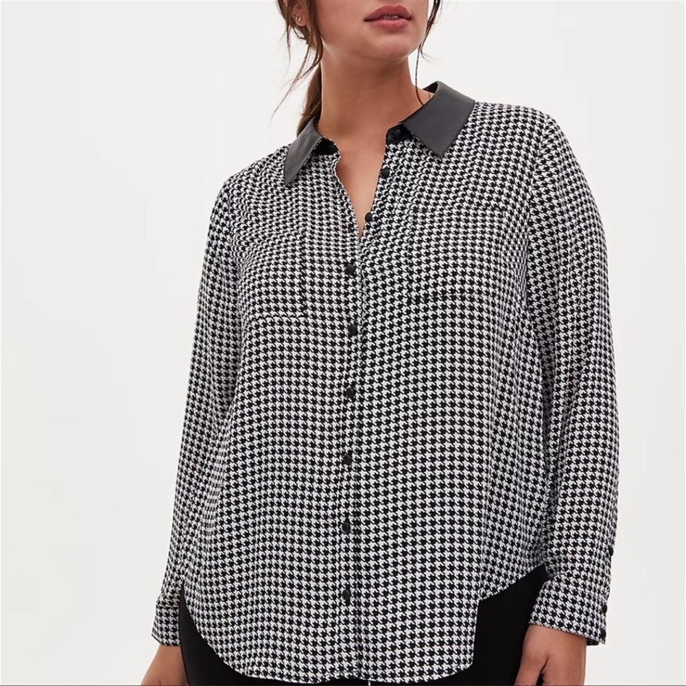 EUC Houndstooth Faux Leather Blouse